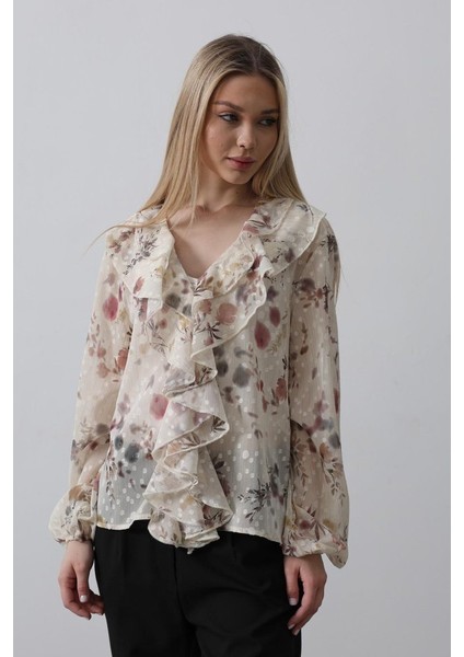 Volanlı Çiçek Desen Şifon Gömlek - Krem