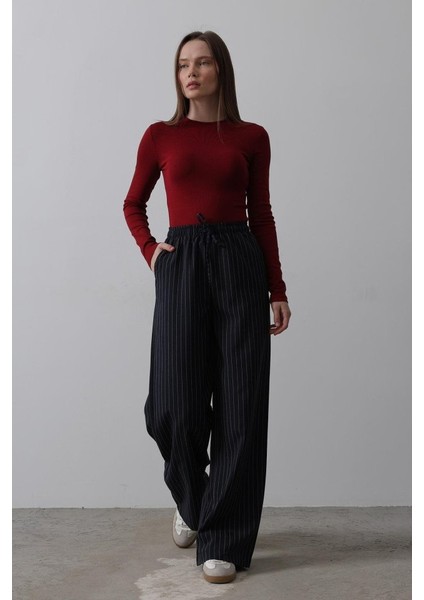 Beli Lastikli Bol Paça Pantolon - Lacivert-Beyaz modelleri