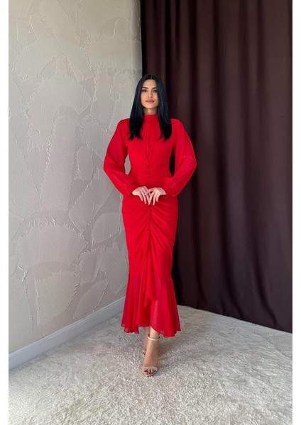 Ahes Shopping Kırmızı Önü Büzgülü Şifon Elbise