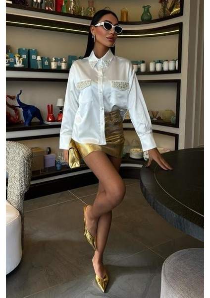 Yaka ve Cep Inci Taşlı Saten Gömlek 3423 fiyatları