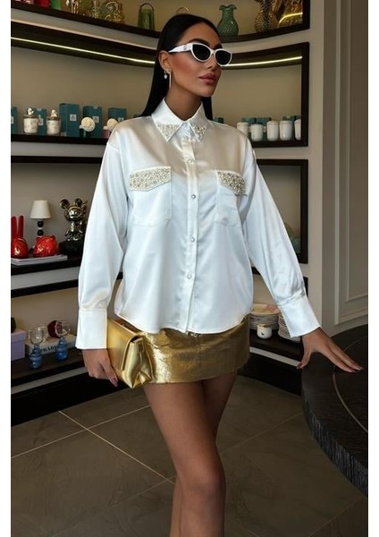 Yaka ve Cep Inci Taşlı Saten Gömlek 3423 fırsatları