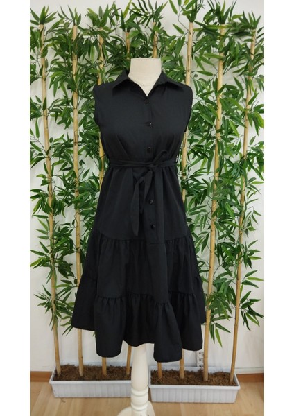 Kadın Kısa Kollu Gömlek Yaka Düğmeli Beli Kuşaklı Katlı Dokuma Midi Elbise