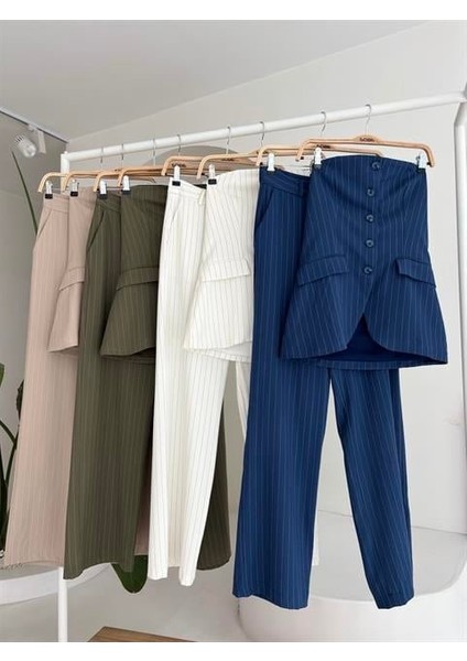 Straplez Büstiyerli Plazzo Pantolonlu Çizgili Takım 10151