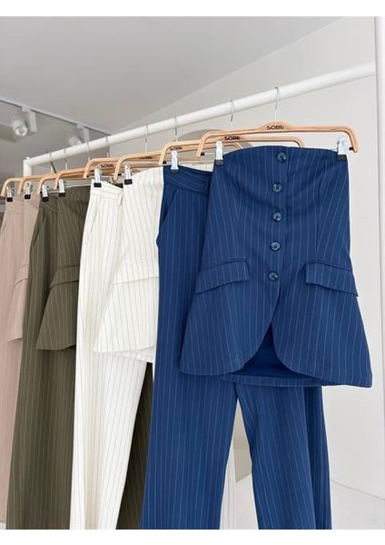 Straplez Büstiyerli Plazzo Pantolonlu Çizgili Takım 10151