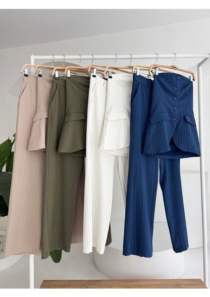 Straplez Büstiyerli Plazzo Pantolonlu Çizgili Takım 10151