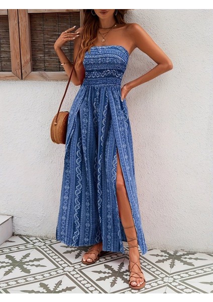 Kadın Yakası Gipe Detaylı Önden Yırtmaç Detaylı Desenli Süprem Pantolon Etek indirimleri