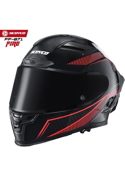 FF-871 Fıre Siyah-Kırmızı-Carbon Güneş Vizörlü Kapalı Kask (Siyah Camlı)