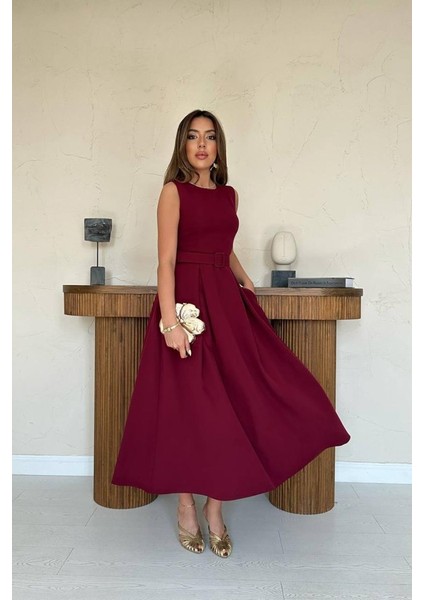 Bordo Halter Yaka Kloş Elbise