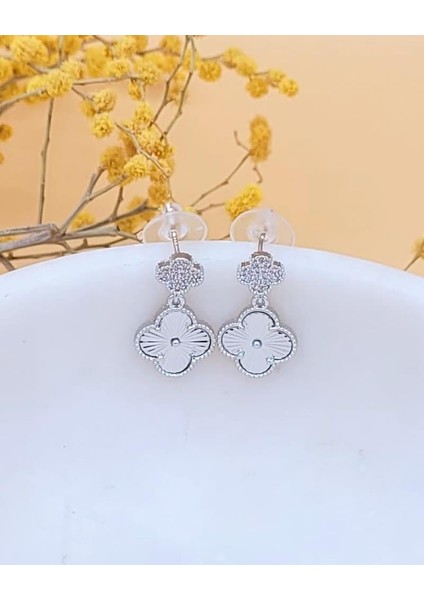 Çift Yoncalı Şans Silver Renk Küpe