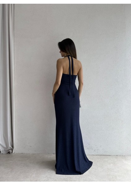 Simli Halter Yaka Balık Form Uzun Abiye Elbise - Siyah / Bordo / Lacivert