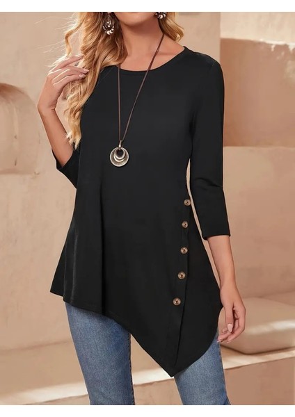 Kadın Uzun Kollu Bisiklet Yaka Etek Ucu Asimetrik Kesim Düğme Detaylı Viskon Bluz fiyatları