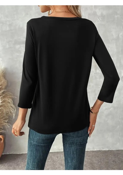 Kadın Uzun Kollu Bisiklet Yaka Etek Ucu Asimetrik Kesim Düğme Detaylı Viskon Bluz modelleri