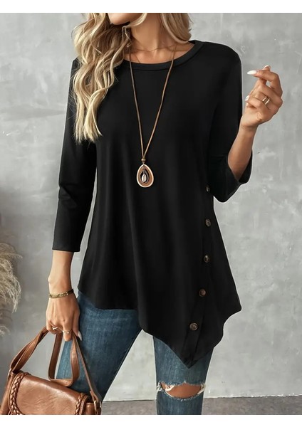 Kadın Uzun Kollu Bisiklet Yaka Etek Ucu Asimetrik Kesim Düğme Detaylı Viskon Bluz fırsatları