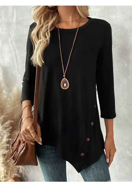 Kadın Uzun Kollu Bisiklet Yaka Etek Ucu Asimetrik Kesim Düğme Detaylı Viskon Bluz indirimleri