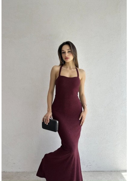 Simli Halter Yaka Balık Form Uzun Abiye Elbise - Siyah / Bordo / Lacivert