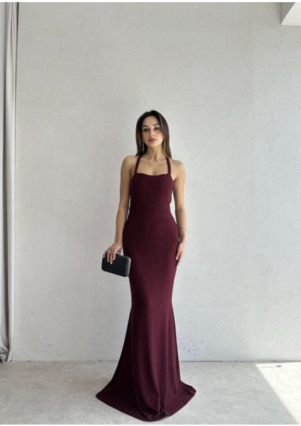 Simli Halter Yaka Balık Form Uzun Abiye Elbise - Siyah / Bordo / Lacivert