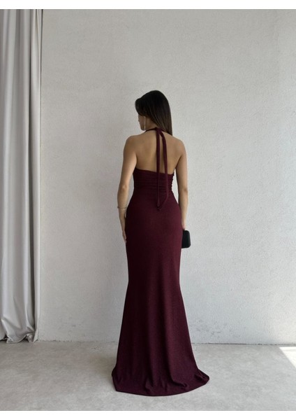 Simli Halter Yaka Balık Form Uzun Abiye Elbise - Siyah / Bordo / Lacivert