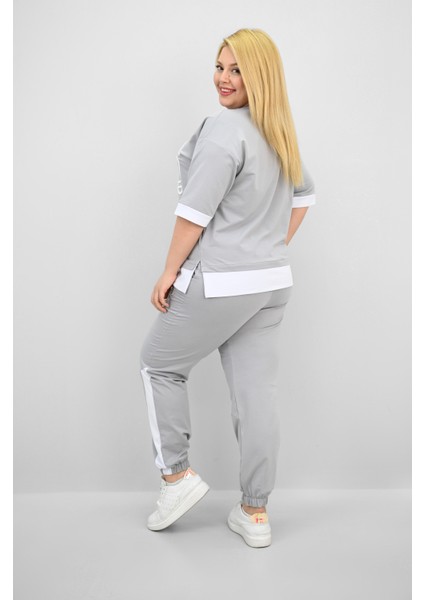 Kadın Büyük Beden Kısa Kollu Nakış Detaylı Garnili Eşofman Takımı 8192-25