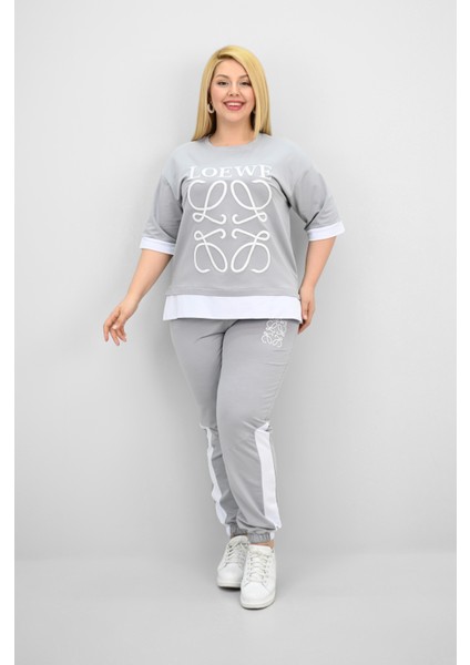 Kadın Büyük Beden Kısa Kollu Nakış Detaylı Garnili Eşofman Takımı 8192-25 modelleri