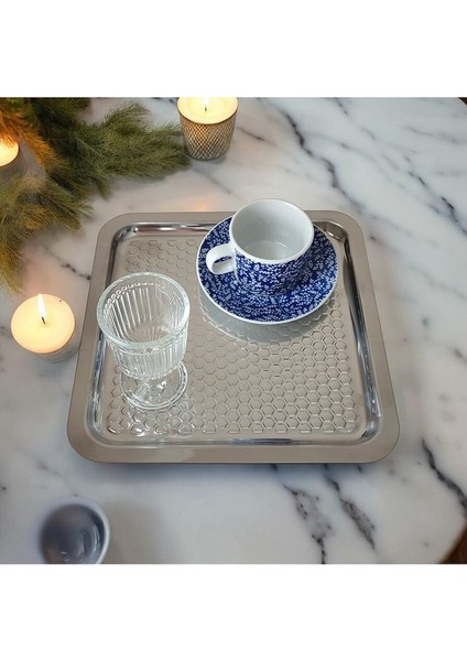 2 Li 21X21 Dama Kare Çelik Tepsi - Kahve ve Nişan Sunum Tepsisi