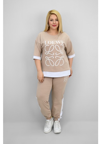 Kadın Büyük Beden Kısa Kollu Nakış Detaylı Garnili Eşofman Takımı 8192-25