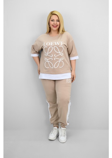 Kadın Büyük Beden Kısa Kollu Nakış Detaylı Garnili Eşofman Takımı 8192-25 fiyatları