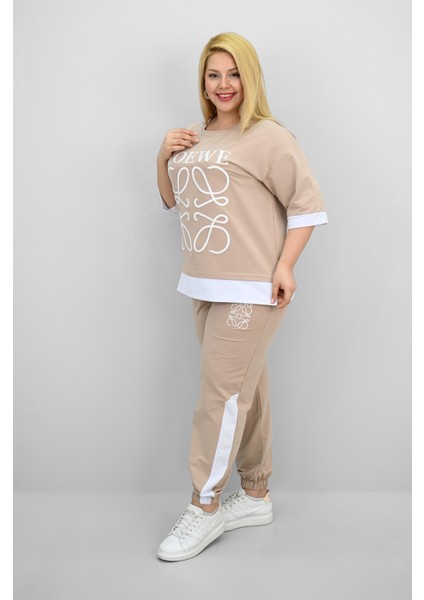 Kadın Büyük Beden Kısa Kollu Nakış Detaylı Garnili Eşofman Takımı 8192-25 modelleri