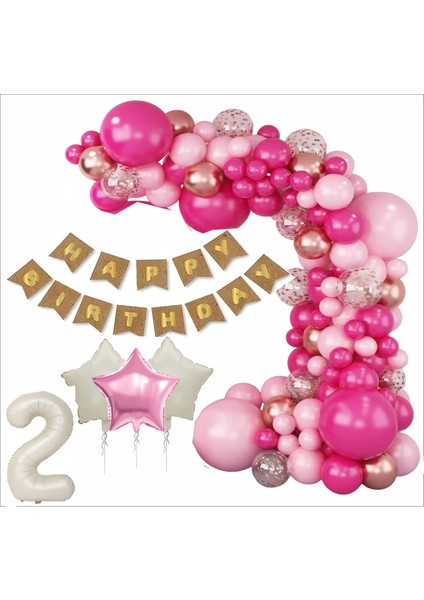 2 Yaş Kraft Gold Banner, 30 Adet Pembe, Gold, Metalik Pembe,şeffaf Balon 1 Pembe 2 Bej Yıldızlı Doğum Günü Seti