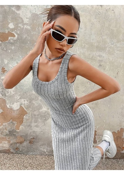 Kadın Kalın Askılı Kare Yaka Fitilli Kaşkorse Midi Boy Elbise modelleri