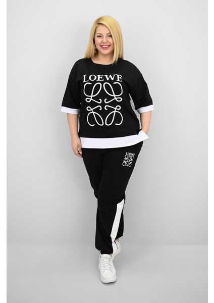 Kadın Büyük Beden Kısa Kollu Nakış Detaylı Garnili Eşofman Takımı 8192-25