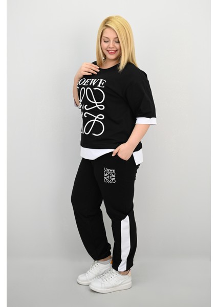 Kadın Büyük Beden Kısa Kollu Nakış Detaylı Garnili Eşofman Takımı 8192-25 fırsatları