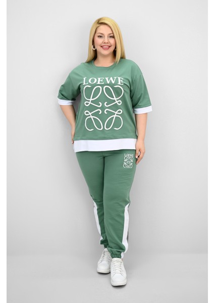 Kadın Büyük Beden Kısa Kollu Nakış Detaylı Garnili Eşofman Takımı 8192-25