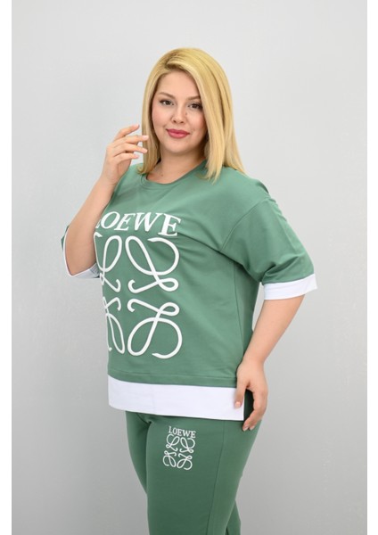 Kadın Büyük Beden Kısa Kollu Nakış Detaylı Garnili Eşofman Takımı 8192-25 fırsatları