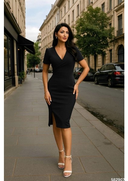 Kadın Dalgıç Krep Kumaş V Yaka Yırtmaç Detaylı Elbise