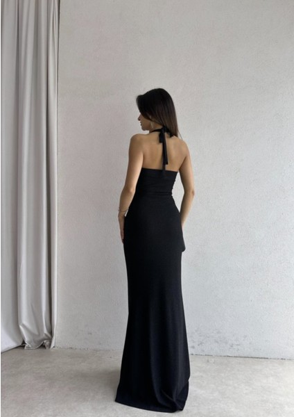 Simli Halter Yaka Balık Form Uzun Abiye Elbise - Siyah / Bordo / Lacivert