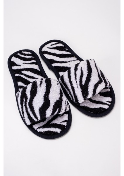 Zebra Desen Havlu Terlik Kaymaz İnce Taban - Zebra Baskılı- Siyah Biyeli-43-45