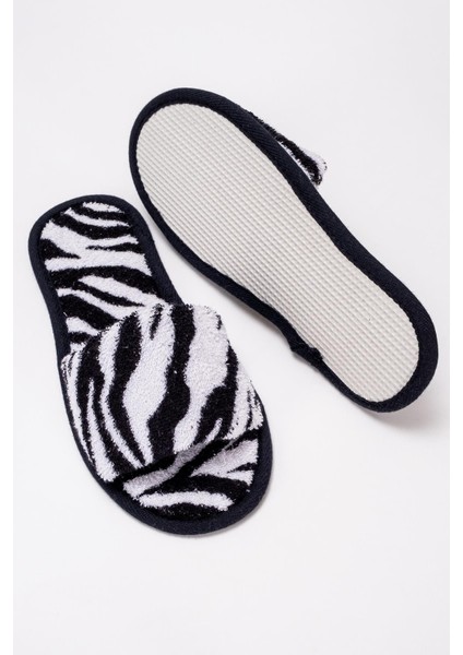 Zebra Desen Havlu Terlik Kaymaz İnce Taban - Zebra Baskılı- Siyah Biyeli-43-45