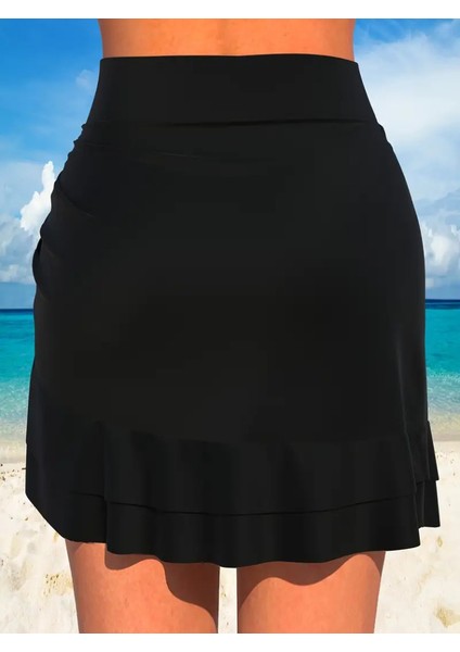 Kadın Yüksek Bel Yandan Büzgülü Fırfırlı Kısa Sandy Etek modelleri