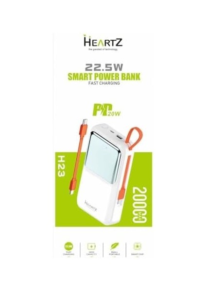 H23 20000 Mh Pd 20W ve USB 22.5W Fast Hızlı Şarj Dahili Type C ve Lightning Kablolu Dünya Standartlarına Uygun Polymer Batarya Birebir Amper LCD Göstergeli Powerbank