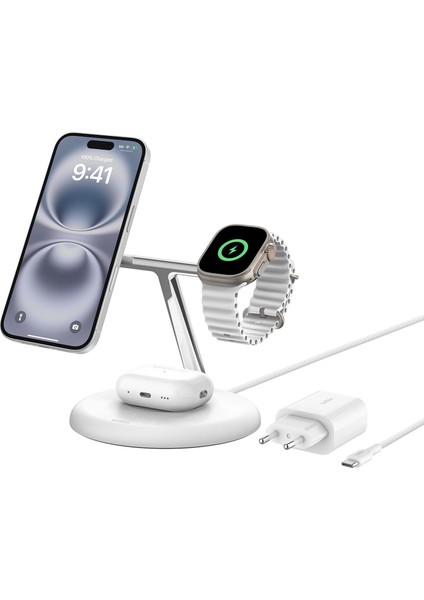 3'ü 1 Arada Manyetik Magsafe Uyumlu Qi2 15W Kablosuz Şarj Standı, iPhone 16, 15, 14 ve 13 Serisi, Airpods, Apple Watch Vb. Için Hızlı Şarj Özellikli iPhone Şarj Cihazı (Psu Dahil) - Beyaz
