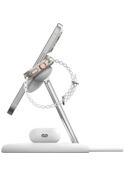 3'ü 1 Arada Manyetik Magsafe Uyumlu Qi2 15W Kablosuz Şarj Standı, iPhone 16, 15, 14 ve 13 Serisi, Airpods, Apple Watch Vb. Için Hızlı Şarj Özellikli iPhone Şarj Cihazı (Psu Dahil) - Beyaz
