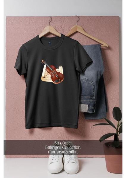 Oversize Keman ve Nota Tasarımlı Unisex T-Shirt