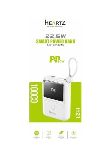 H21 10000 Mh Pd 20W ve USB 22.5W Fast Hızlı Şarj Dahili Type C ve Lightning Kablolu Dünya Standartlarına Uygun Polymer Batarya Birebir Amper LCD Göstergeli Powerbank