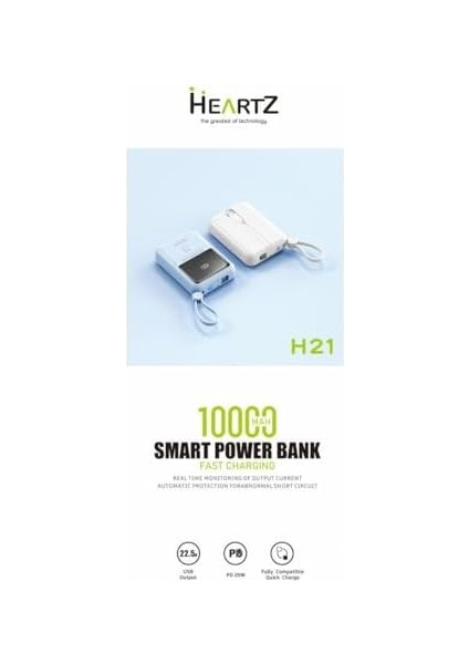 H21 10000 Mh Pd 20W ve USB 22.5W Fast Hızlı Şarj Dahili Type C ve Lightning Kablolu Dünya Standartlarına Uygun Polymer Batarya Birebir Amper LCD Göstergeli Powerbank