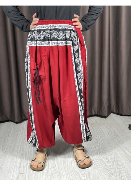 Bordo Etnik Desenli Salaş Şalvar – Rahat Kalıp, Lastikli Bel, Viskon Kumaş
