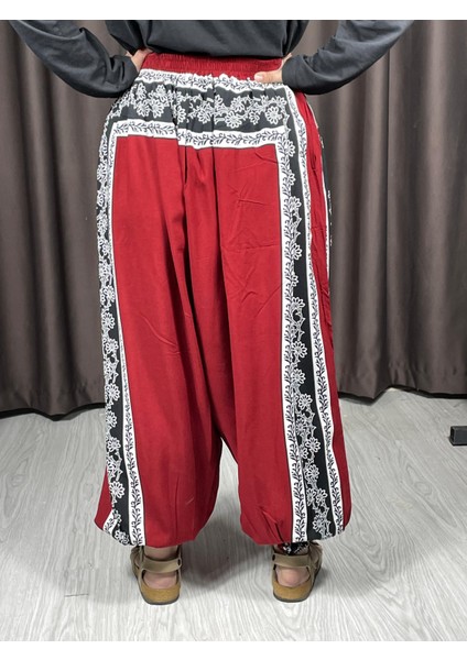 Bordo Etnik Desenli Salaş Şalvar – Rahat Kalıp, Lastikli Bel, Viskon Kumaş