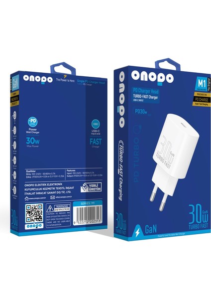 Iphone ve Android Uyumlu 30W Type-C Girişli Şarj Adaptörü Başlığı - M1