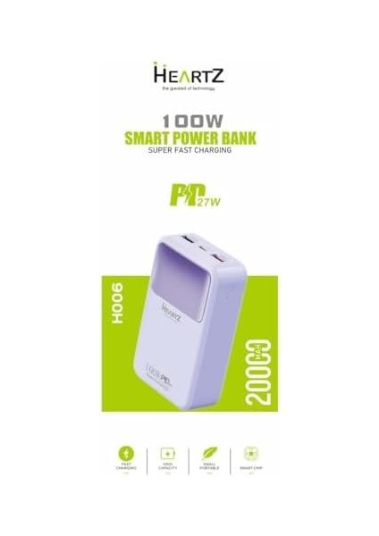 H006 20000 Mh Pd 27W ve USB 100W Fast Hızlı Şarj Dahili Type C ve Lightning Kablolu Dünya Standartlarına Uygun Polymer Batarya Birebir Amper LCD Göstergeli Powerbank