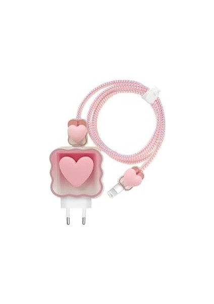 iPhone 18W/20W ile Uyumlu Pembe Kalp Şarj Aleti Kılıfı, Şarj Kablosu Örme Aparatı, Toparlayıcı, Kablo Koruyucu