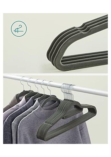 Kadife Elbise Askısı 20'li Set Kaymaz Küçük Bağlantı Demiri 360° Dönen Kanca 0,6 cm Kalın Yerden Tasarruf 43,5 cm Uzun Coats Pantolon Için Gümüş Gri CRF20V